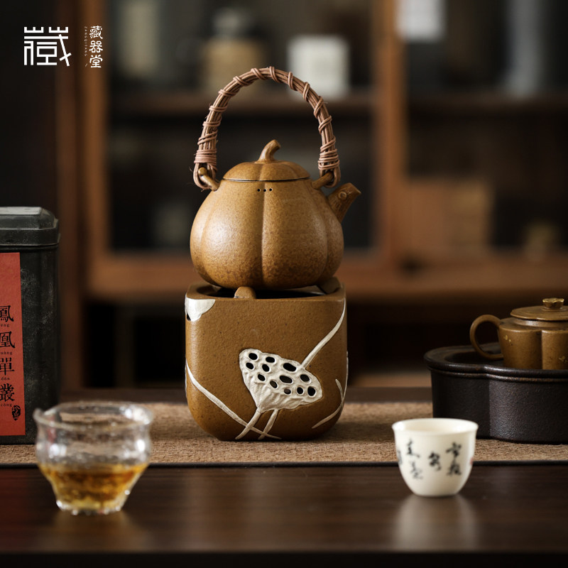 藏器堂灰念酱釉描银荷塘酒精温茶炉南瓜提梁壶煮茶壶套组围炉煮茶
