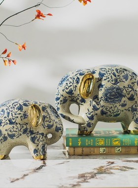 木南家居复古青花瓷象陶瓷大象中式玄关装饰摆件桌面乔迁开业礼物