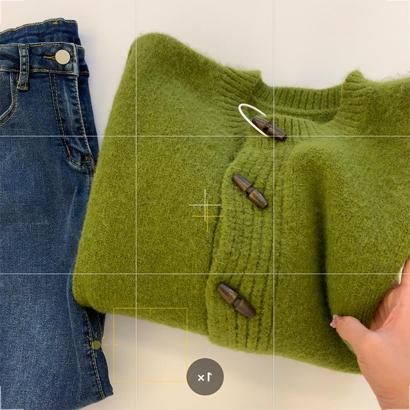 今年很流行款式牛X货捡漏~绿色牛角扣针织开衫女秋冬毛衣外套上衣