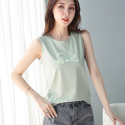 浅绿色宽松纯棉背心女无袖高级感上衣外穿夏季t恤内搭打底衫大码