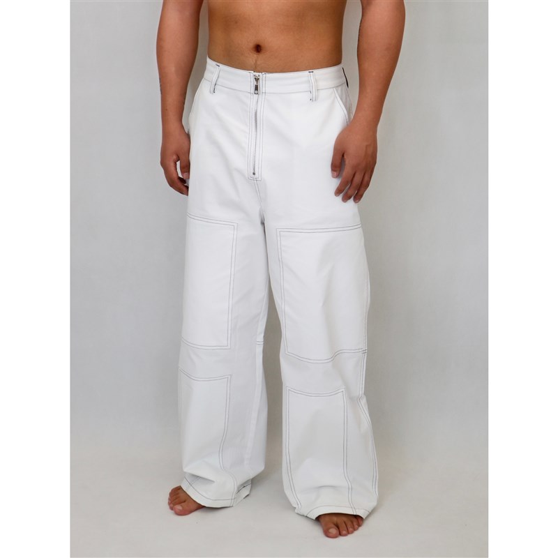 YOWSAH 中性挺阔不对称大口袋明线简约直筒宽松休闲长裤 白色