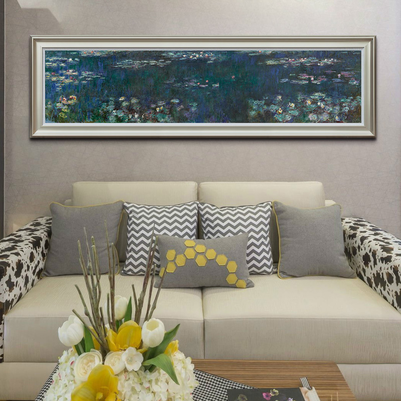 莫奈 睡莲池塘绿色回响 欧式客厅卧室荷花莲花风景油画横幅装饰画图片