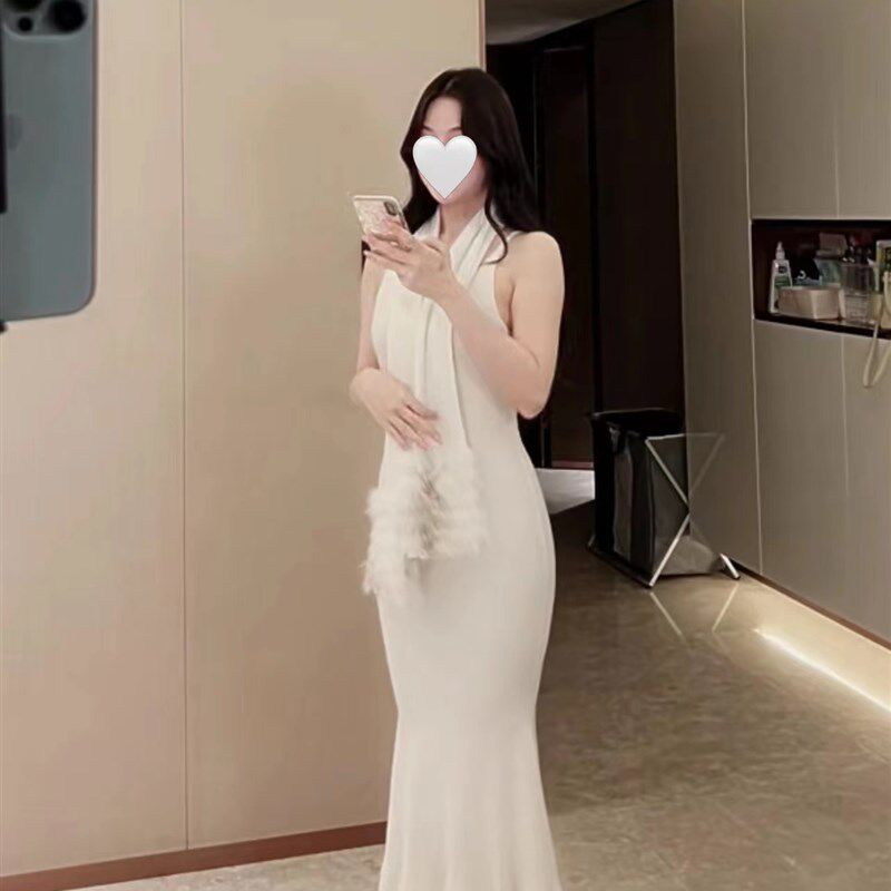 三色/吊带鱼尾裙V领收腰显瘦包臀开叉内搭打底针织连衣裙女