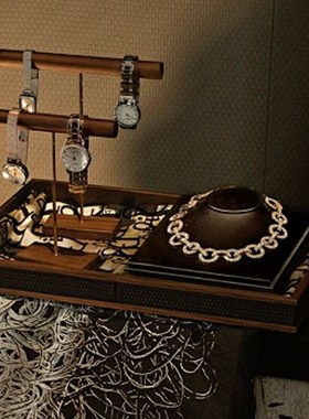 样板房衣帽间梳妆台装饰品软装摆件中式胡桃木托盘首饰展示架组合