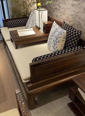 罗汉床实木新中式两用乌金木2米3米禅意整装大小户型三人位沙发