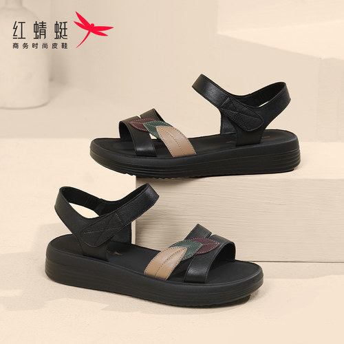 红蜻蜓真皮妈妈凉鞋软平底魔术贴