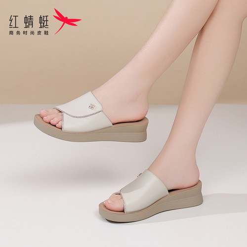 红蜻蜓凉拖鞋女外穿坡跟真皮软底