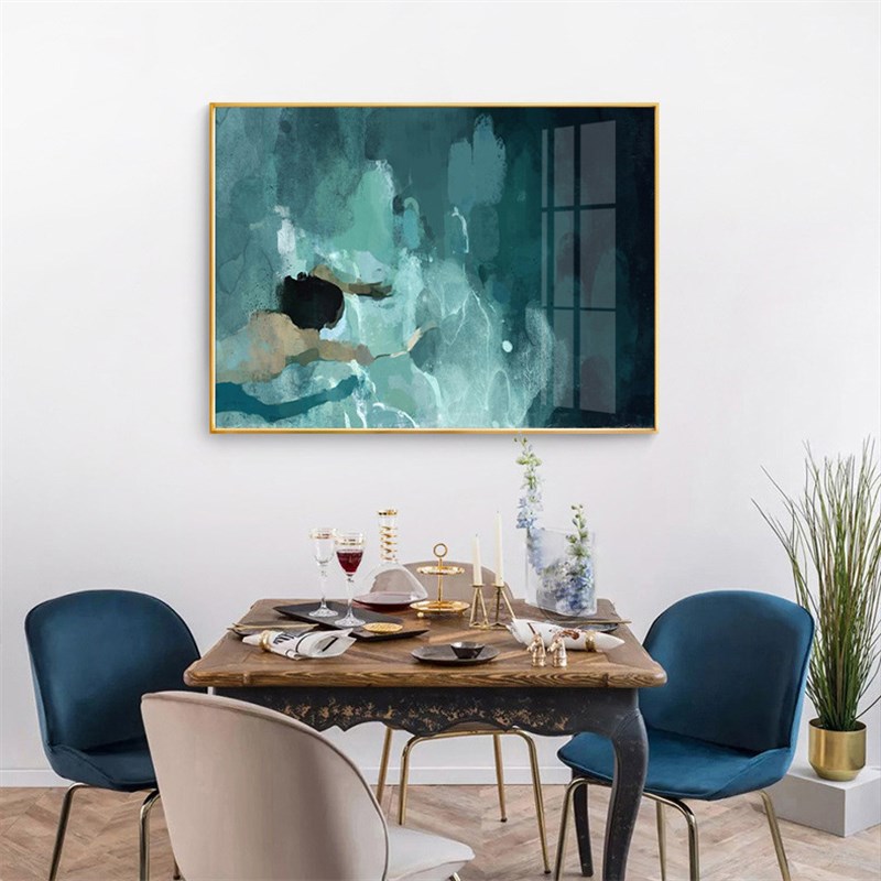 梦幻之美!人物抽象游泳装饰画人像油画墨绿色挂画人体裸艺术横版