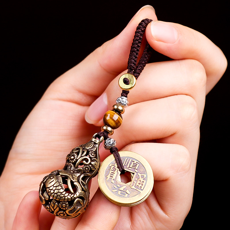 纯铜黄铜创意小号实心葫芦五帝钱汽车钥匙扣挂件男女招财转运挂饰