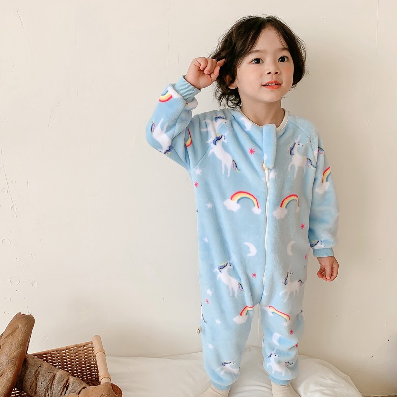 春秋季儿童连体睡衣法兰绒防踢婴儿睡袋宝宝男童女童珊瑚绒家居服