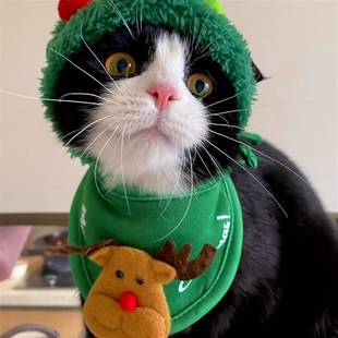 圣诞猫咪头套围兜套装高颜值拍照道具毛绒德文帽子宠物圣诞穿搭
