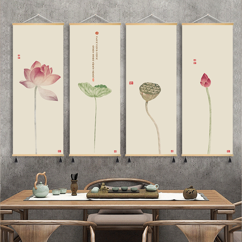禅意中式莲花茶室书房布艺挂画客厅卧室背景墙遮挡装饰画实木框