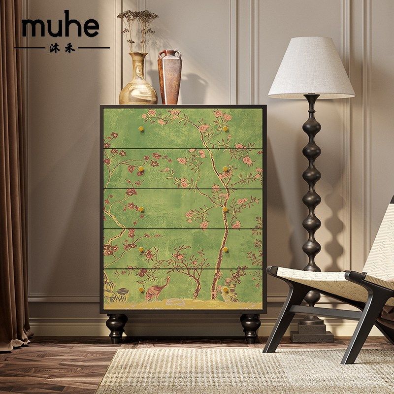 美式复古风绿色花鸟装饰餐边柜沙发客厅储物柜卧室房间收纳五斗柜,住宅家具,斗柜,淘宝优惠券,粉丝福利购,淘宝优惠卷