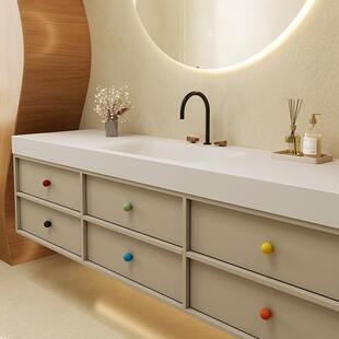 多巴胺奶油风岩板热弯一体盆浴室柜组合卫生间洗手盆洗脸池洗漱台