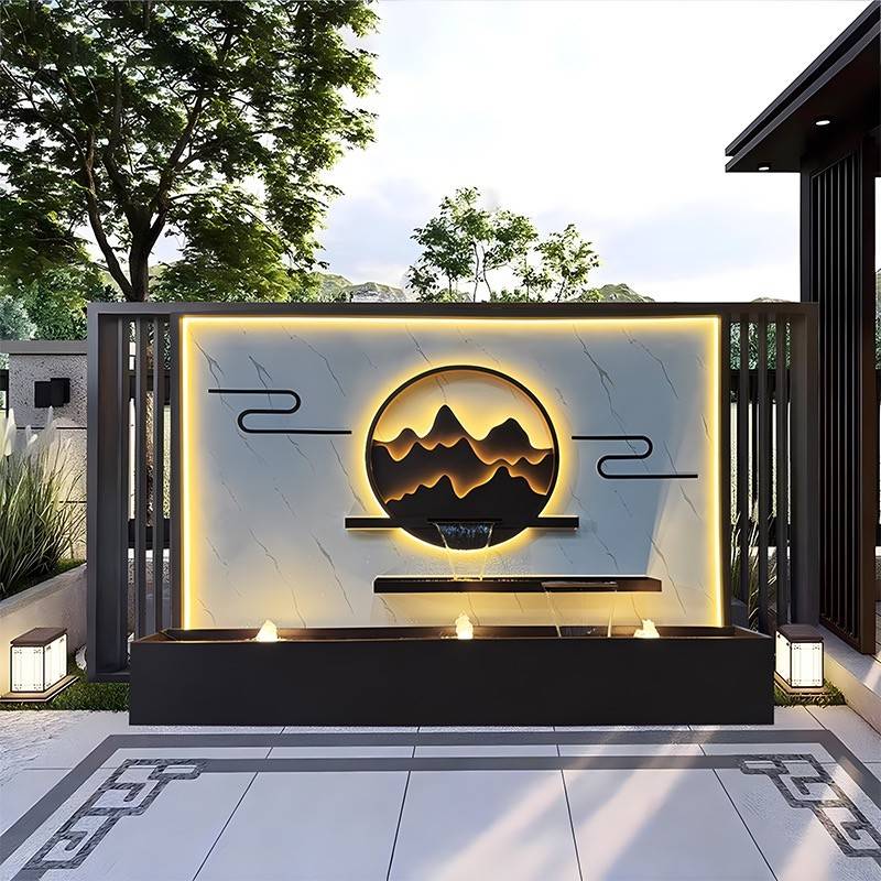 定制不锈钢背景墙别墅园林假山流水影壁墙户外花园水幕墙隔断屏风