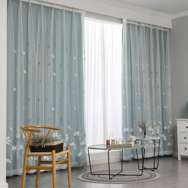 遮光布客厅窗帘卧室田园小清新窗纱飘窗纱帘海蓝色窗帘布料隔断帘
