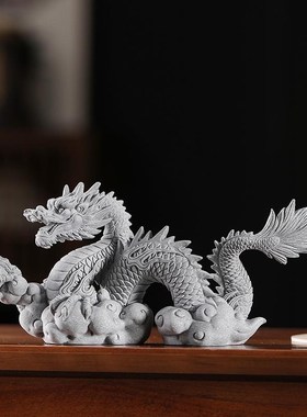 龙摆件鱼缸福瑞祥龙石头玄关茶桌办公室造景装青砂石饰摆件中式