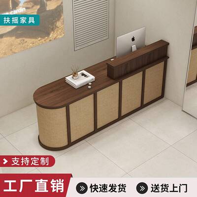 服装店圆弧形麻布装饰胡桃色前台柜台桌子小型中古风收银吧台柜台