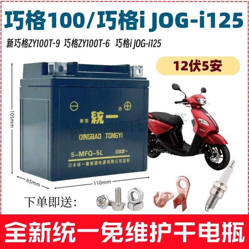 巧格ZY100T-6/9巧格iJOG125女士滑板车免维护蓄电池12V5A干矮5