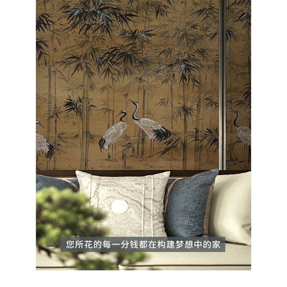 仙鹤竹林壁纸法式中式复古客厅墙纸卧室客厅背景墙定制墙布屏风画