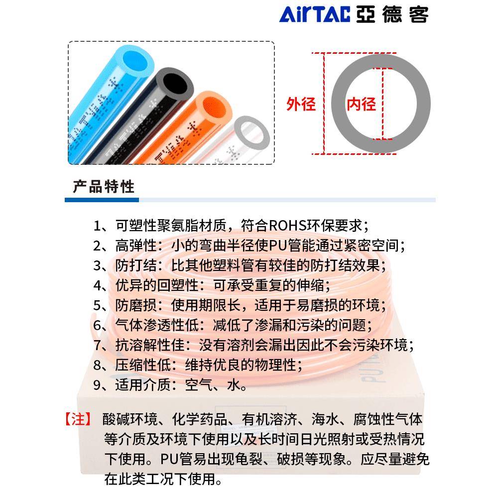 亚德客原装气动风管气管软管PU4X2.5/6X4/8X5/10X6.5/12X8/16X12m