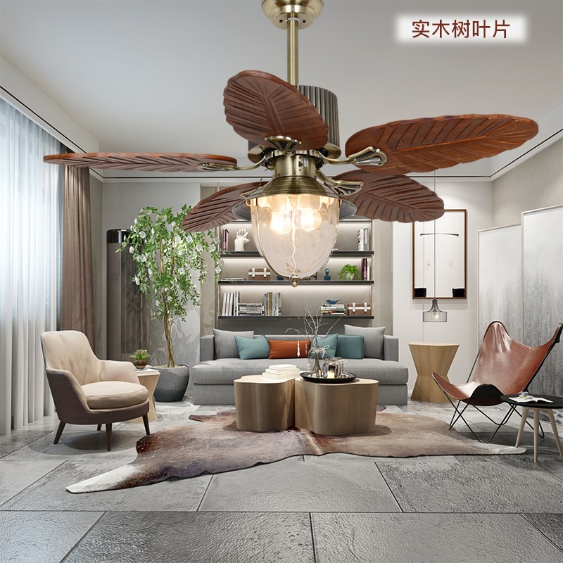 复古实木美式东南亚吊扇灯家用装饰餐厅卧室客厅风扇灯变频带灯扇