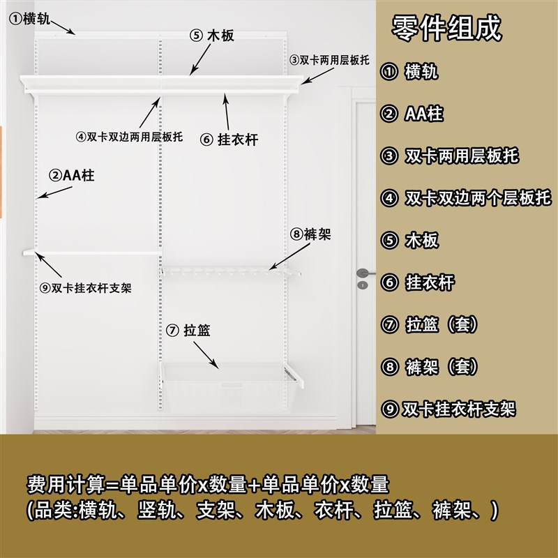 AA柱步入砌墙金属开放式衣柜卧室置物架层板衣架圆管多用托架配件