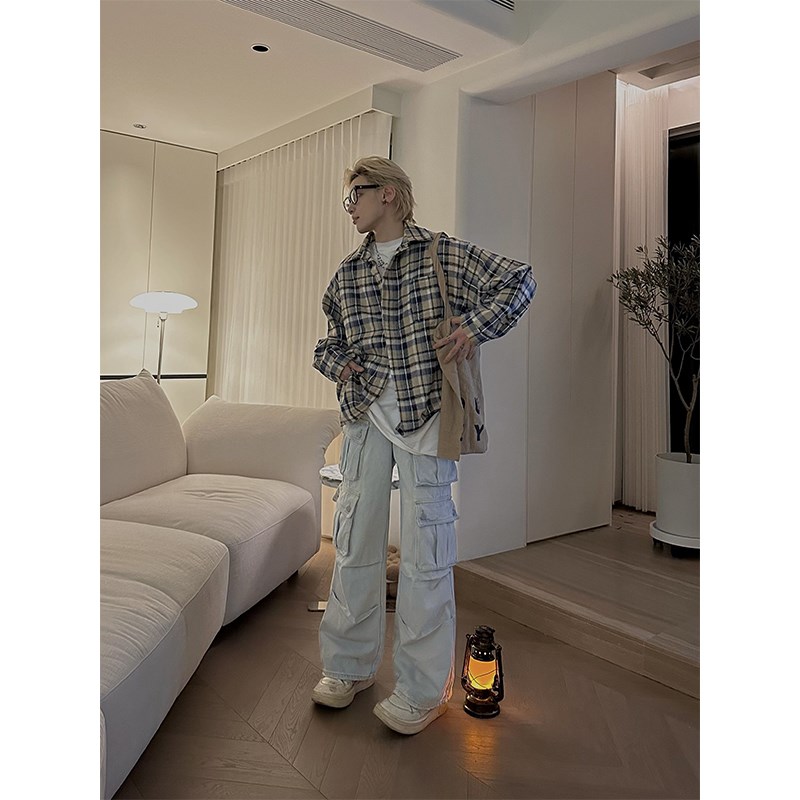 NECOYEP2024美式复古条纹格子开衫长袖衬衫男女潮流宽松外套上衣