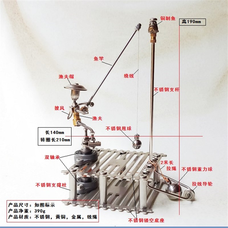 尚艺智玩 金属渔夫甩竿钓鱼拉绳动力模型摆件 科学物理机械工艺品