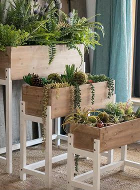 复古实木制花槽花架花几隔断花器花盆收纳多层铁艺置物架阳台摆件