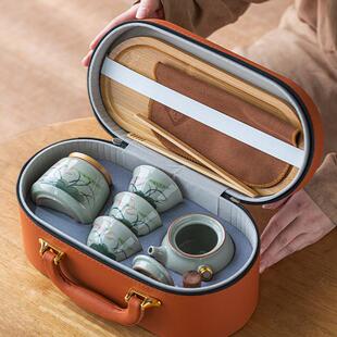 画续哥窑手绘荷花旅行茶具套装便携式快客杯一壶三杯陶瓷旅行茶具