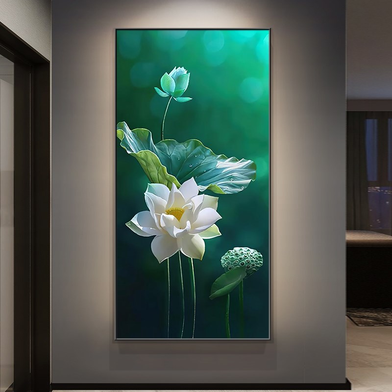 荷花荷叶入户h玄关装饰画现代简约走廊过道挂画客厅花卉竖版壁画