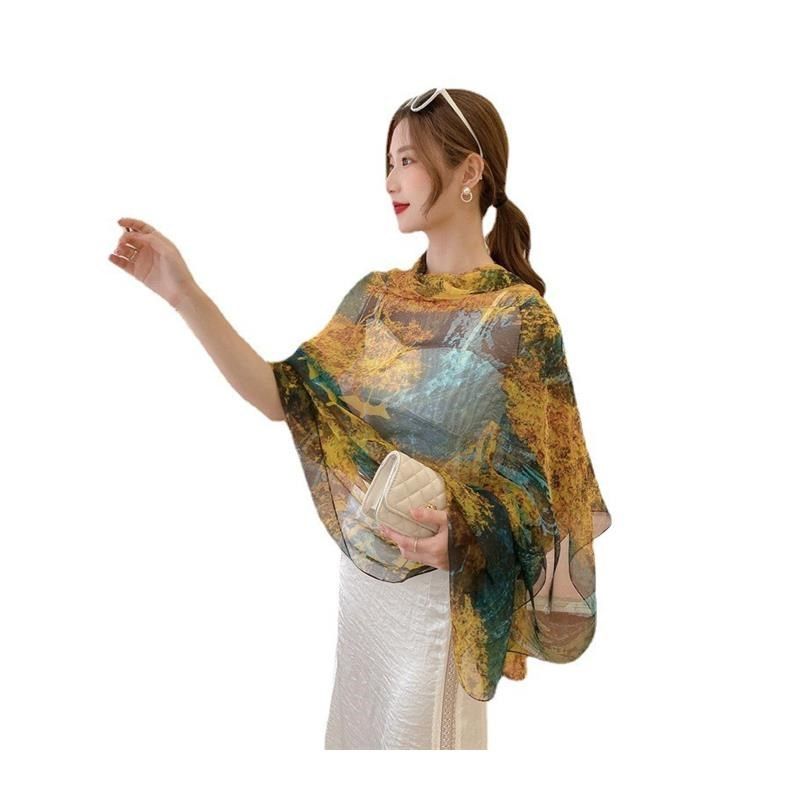 新款金色大雁森林印花长款丝巾纱巾女士优柔纱超大披肩围巾沙滩巾