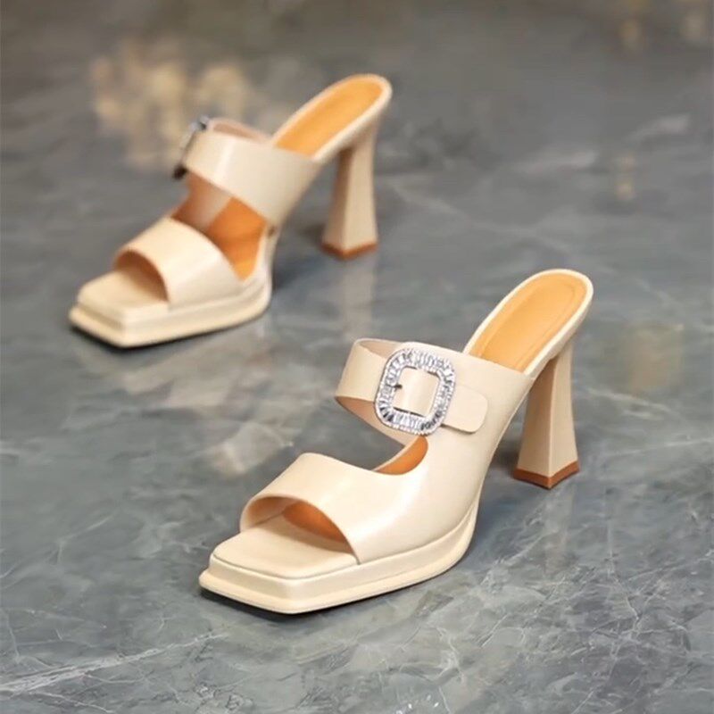 时尚方头一字拖鞋女皮带扣细跟高跟鞋2025年夏Q季新款外穿凉拖鞋
