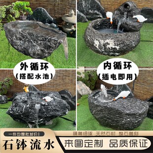 黑山石水钵庭院自循环流水t涌泉瀑布外循环黑白根大理石水景天然