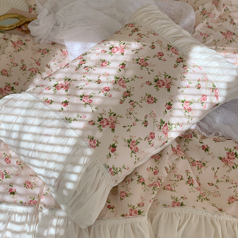 【富山草莓】浪漫田园风小碎花全棉四件套公主荷叶边被套
