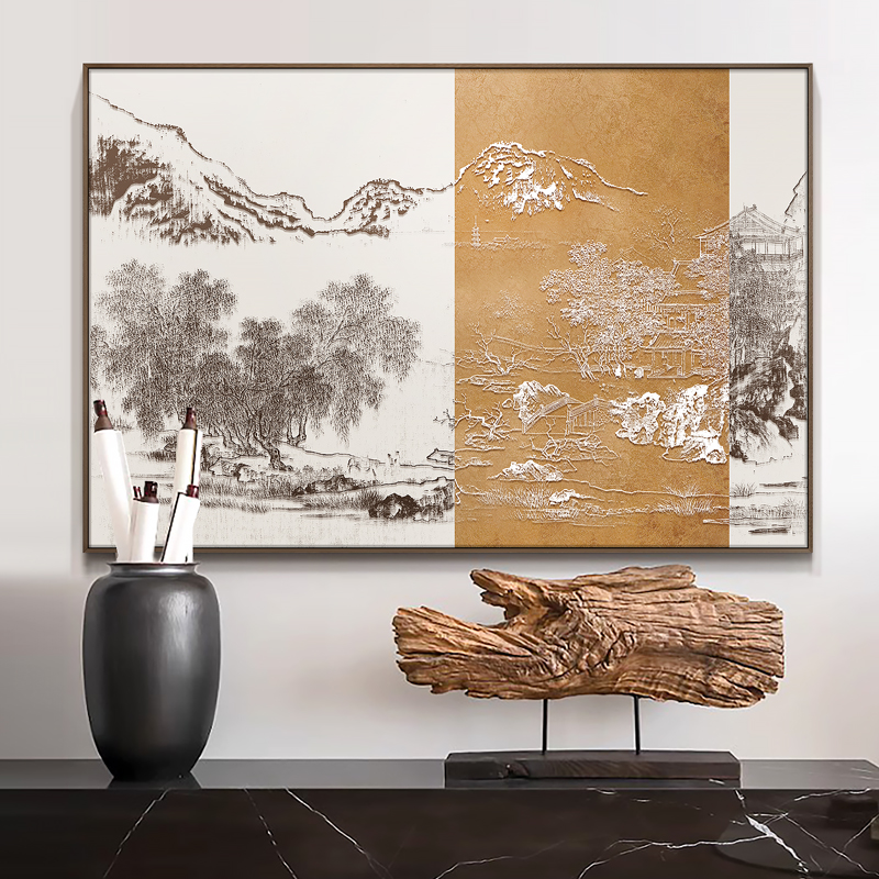 新中式客厅沙发背景墙面装饰画大气别墅饭厅大幅立体浮雕挂画图片
