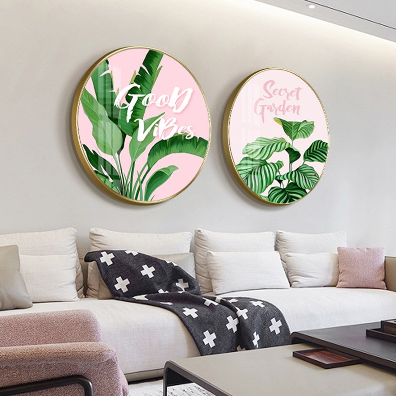 现代简约装饰画 客厅沙发背景墙植物叶子壁画玄关过道圆形壁画图片