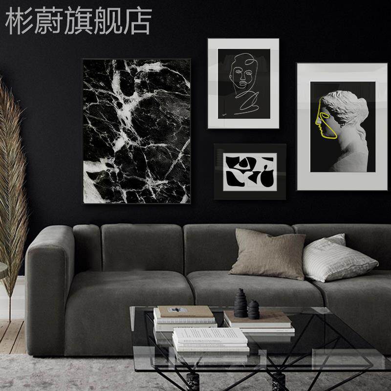 网红大理石臆想现代约客厅黑白装饰画象艺抽简术挂画极.简人像高