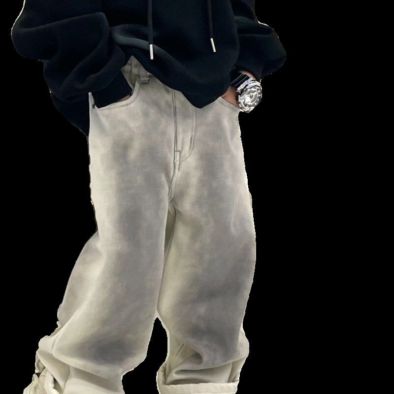 春款男童街舞时尚晕染休闲宽松直筒裤渐变色春秋季新款牛仔脏脏裤