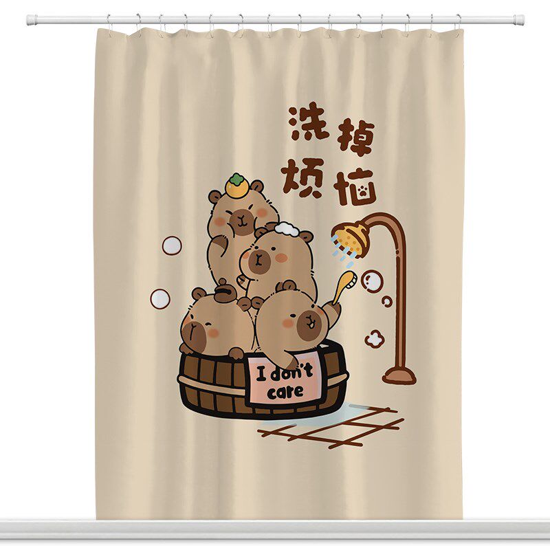 卡通可爱浴帘防水防霉套装免打孔浴室拉帘卫生间厕所加厚布帘挂帘