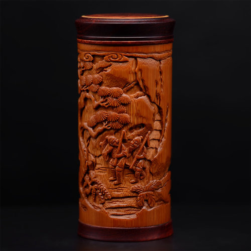 名家张念超竹雕茶叶罐竹筒渔樵耕读茶叶筒竹制密封罐存茶罐竹制品