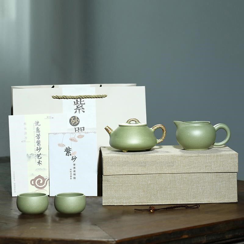 宜兴纯全手工紫砂壶子冶石瓢壶豆青E砂绞泥紫沙泡茶壶陶瓷茶具套