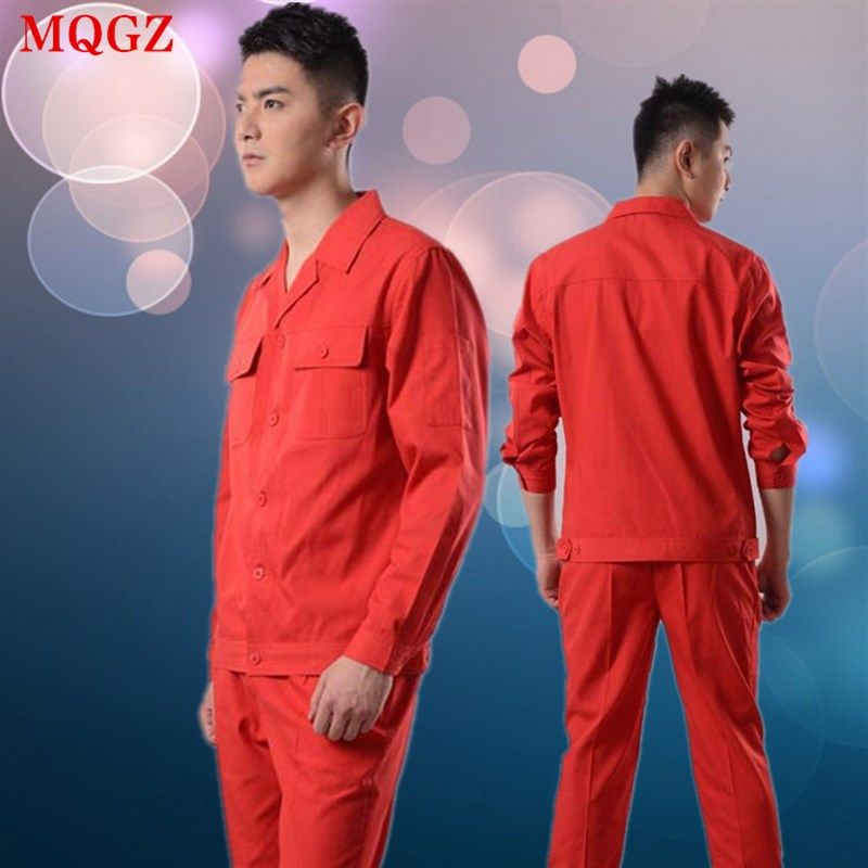 红色工作服套装男长袖春秋劳保建筑工地人车间厂服V汽修程装饰耐