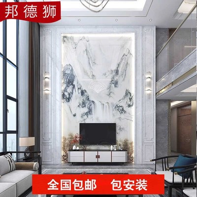 别墅挑空客厅复式楼岩板电视背景墙现代仿大理石瓷砖楼中楼新中式