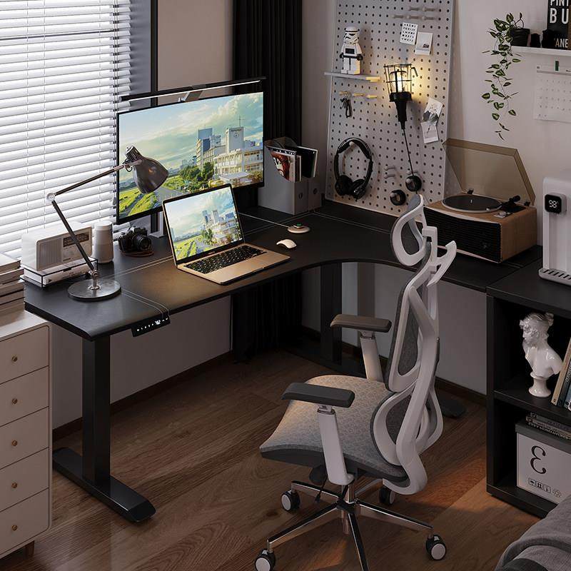 智芯 转角电动升降桌台式电脑桌家用皮面电竞桌工作台l型书桌A3L