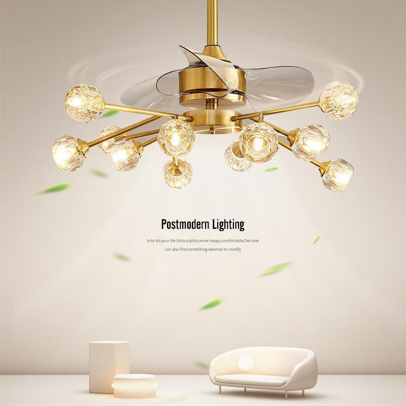 后现代轻奢全铜风扇吊灯客厅灯魔豆分子灯北欧餐厅卧室水晶吊扇灯