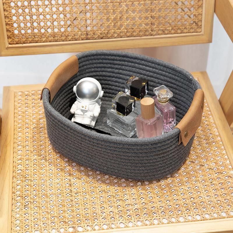 收纳盒新款环保杂物棉绳桌面收纳篮皮革把手化妆品杂物收纳筐