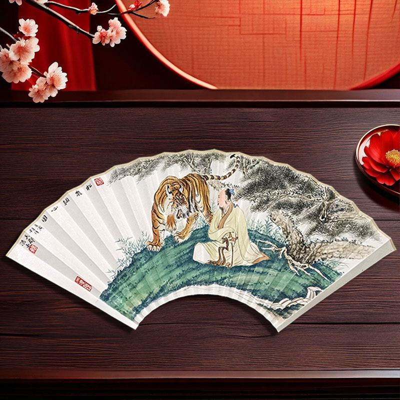 手绘扇面老虎 罗汉说法图 人物扇子 9.5寸18方折扇文玩 多图 定制