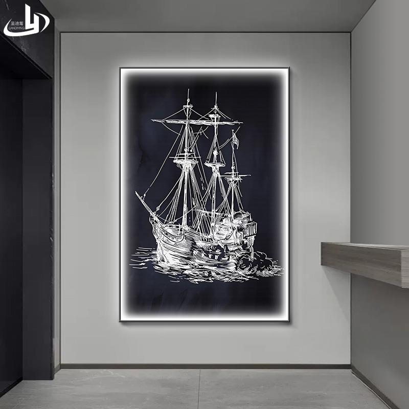 帆船入户进门玄关装饰画一帆风顺过道走廊发光壁灯画客厅落地挂画